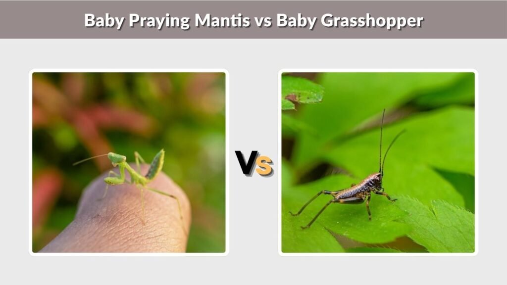 Baby Praying Mantis vs Baby Grasshopper